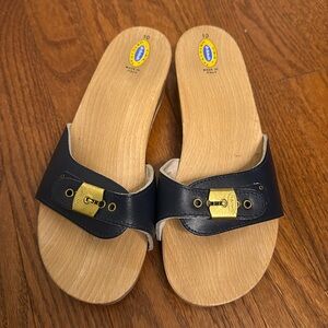 Vintage Dr.‎ Scholl's Original Wood Sandals Slides size10 Navy blue